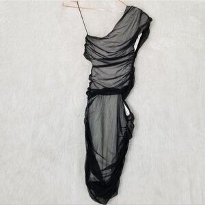 Wayne Sheer Black Mesh Overlay One-Shoulder Cut-Out Ruched Dress 0